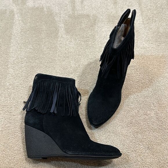 Via Spiga Black Wedge Fringe Bohemian Western Boots Women Size 9.5M - Picture 1 of 11